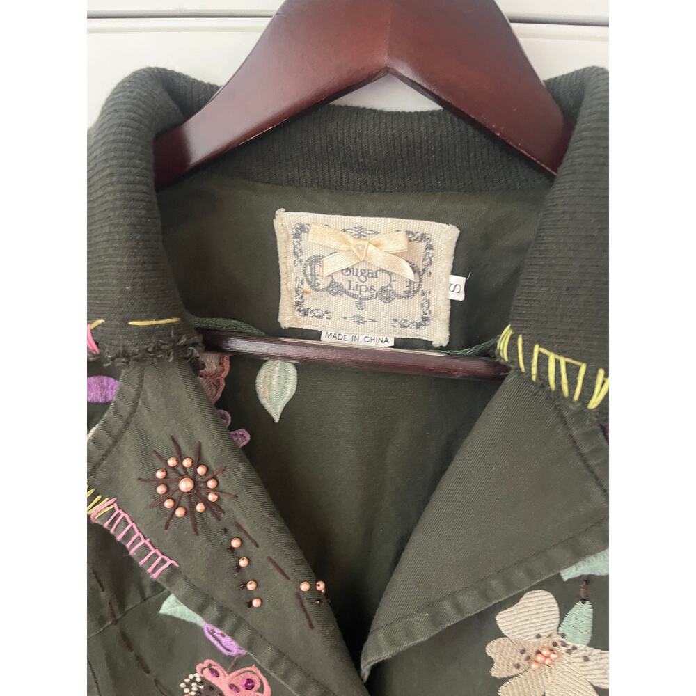 Sugar lips Olive Green Embroidered Blazer Jacket Floral Sequin Y2K Boho Sz S - Picture 2 of 6